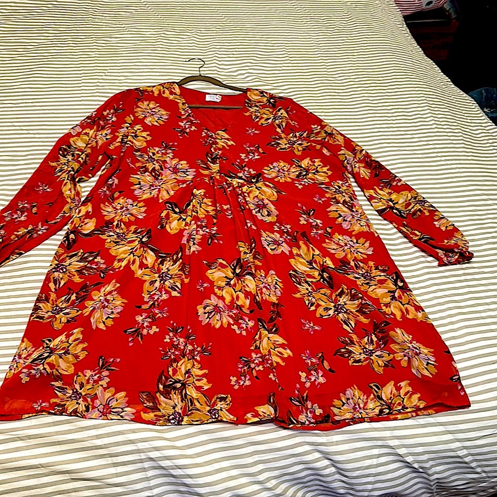 Red Floral Long Sleeve Dress XXL NWOT